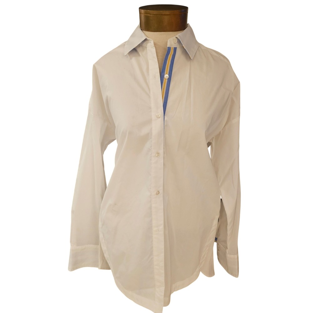 J. McLaughlin Finn Shirt White Button Down Striped Trim Size M
